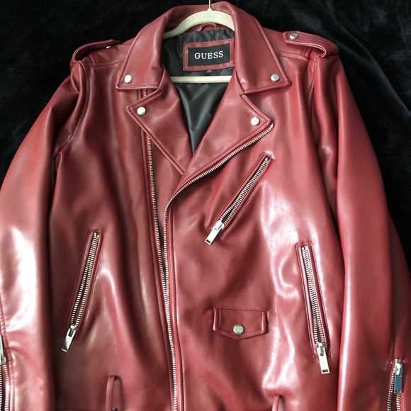 guess burgundy leather jacket